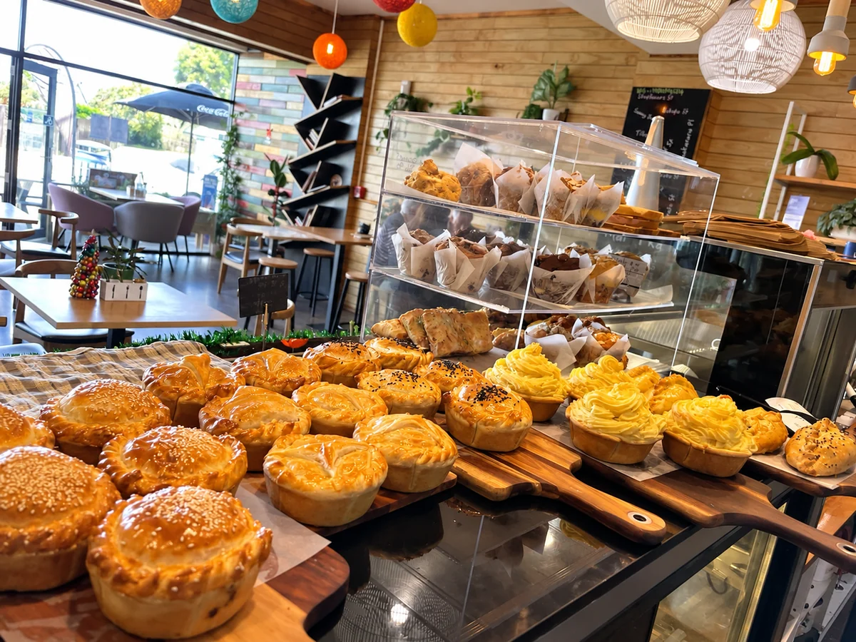 Fresh savoury baking displayed inside On Levers Cafe