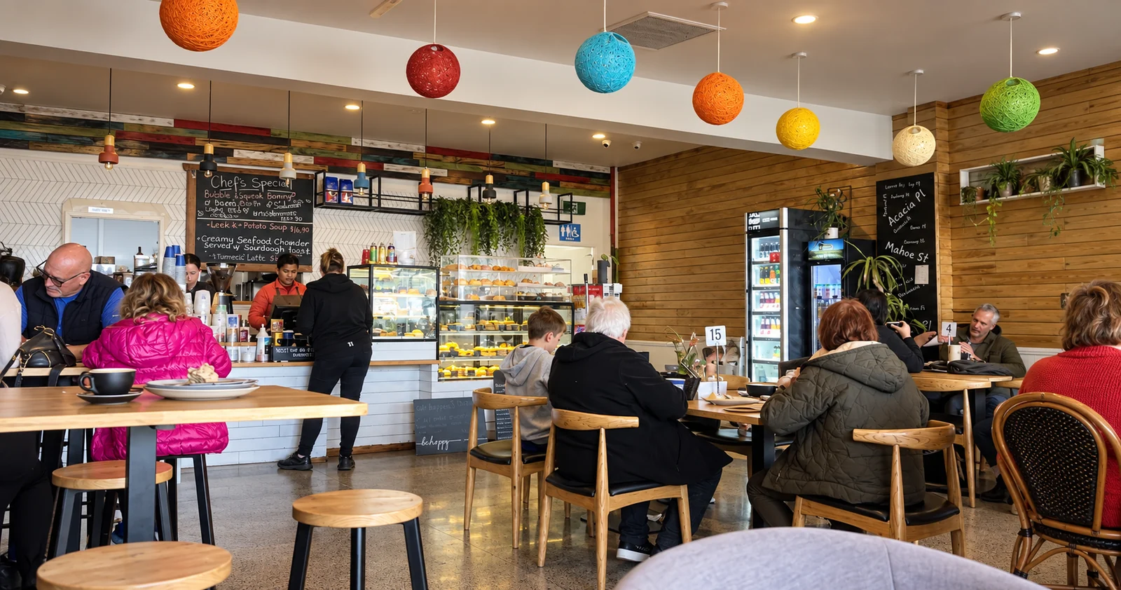 The colourful interior, cabinet baking and cafe seating inside On Levers Cafe