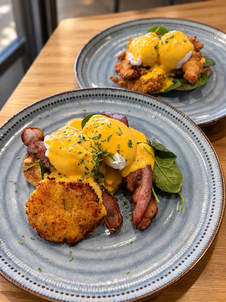 A plated brunch with eggs, bacon and potato rosti