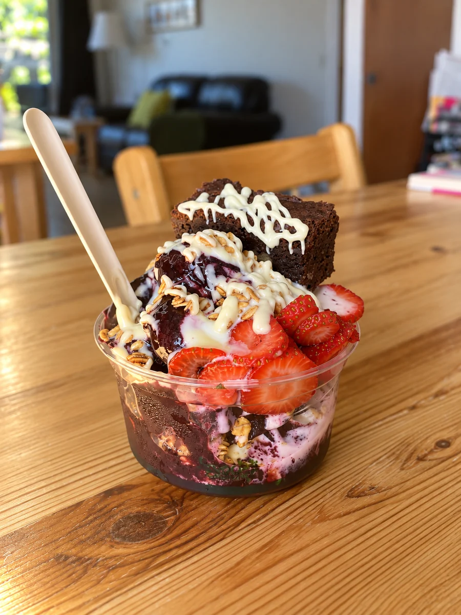 A layered dessert with berries and cream served at On Levers Cafe