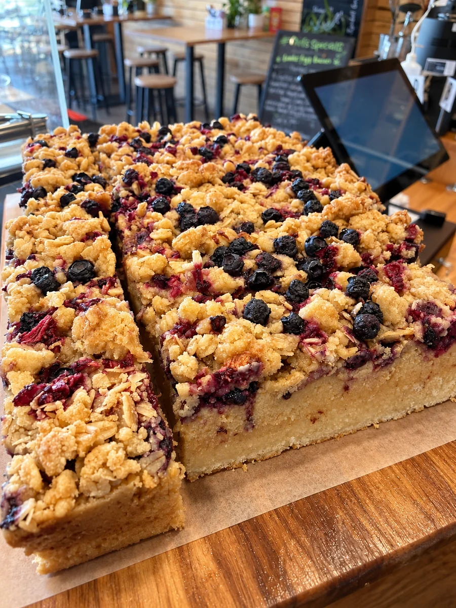 Fresh berry crumble slices in the On Levers Cafe cabinet