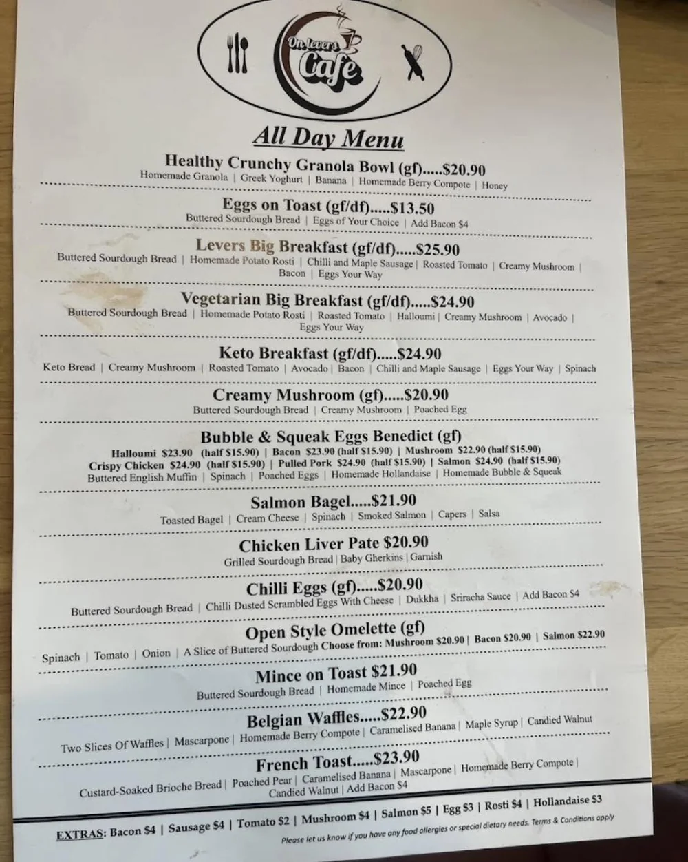 On Levers Cafe all-day menu with breakfast dishes and prices