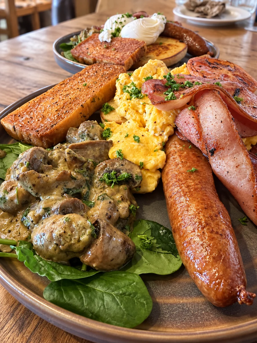 A generous On Levers Cafe breakfast plate with eggs, sausage, bacon and greens