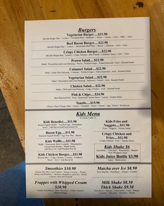 On Levers Cafe burgers, salads, kids menu and drinks with prices