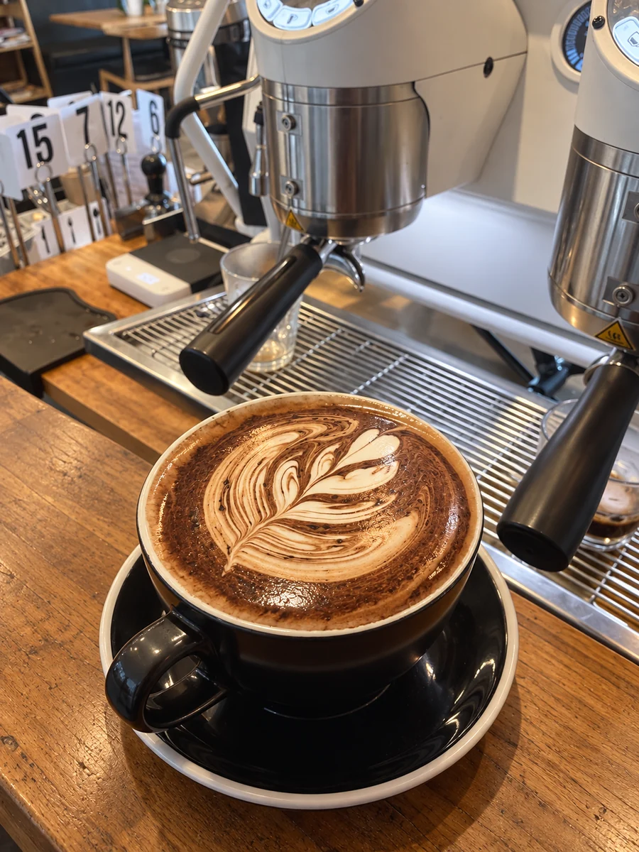 A cup of coffee with latte art prepared at On Levers Cafe